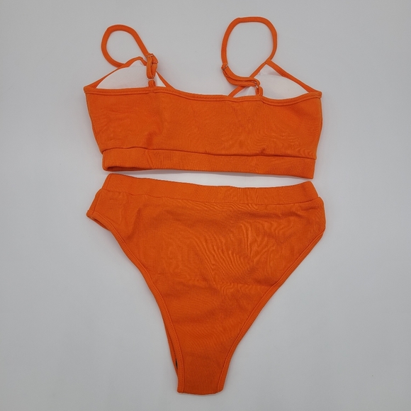 Women orange two Piece High Waisted Bikini Scoop Neck Crop Top Swimsuits - Picture 6 of 11